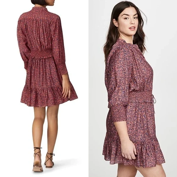 REBECCA MINKOFF Ruffle Hem Smocked Tie Waist Long Puff Sleeve Floral Dress XXL - Picture 3 of 14